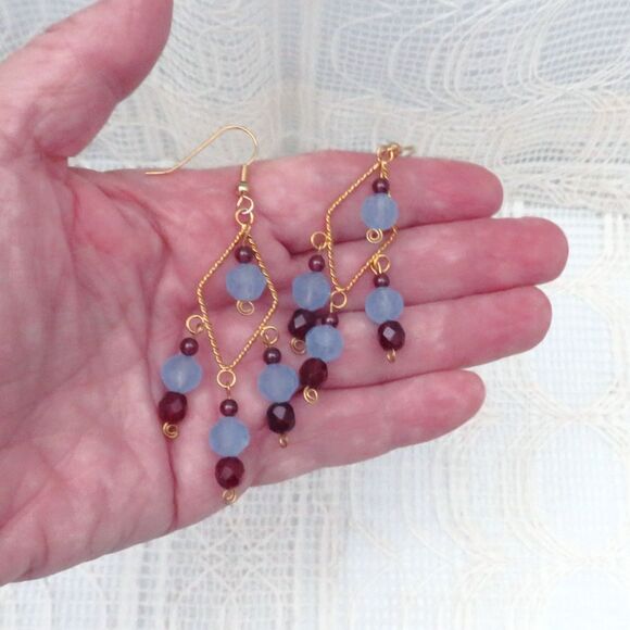 Handmade Garnet Chandelier Earrings on Gold Toned Diamond Shapes for Women - Picture 5 of 7